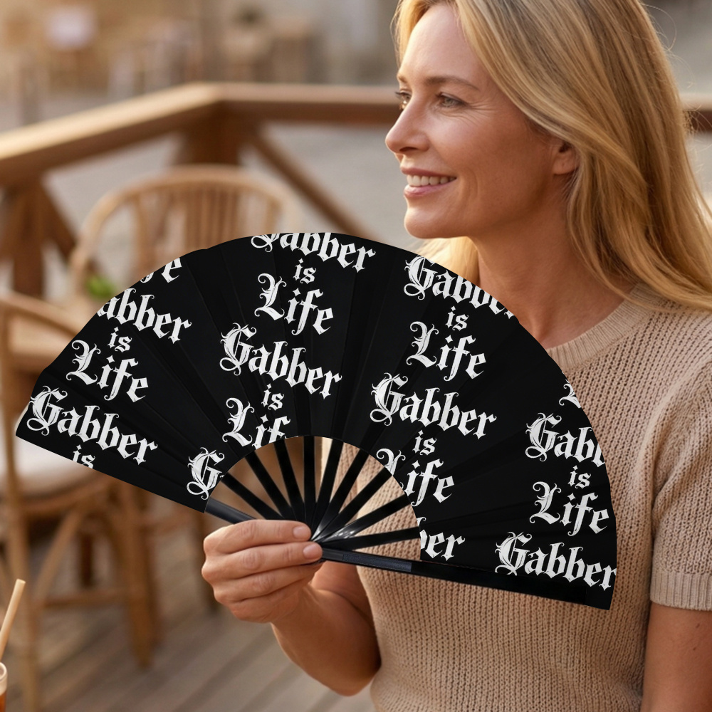 TEMU [ Product] 1pc, "" Slogan Printed Women's Portable Handheld Fan, Folding Fan, Suitable For Summer Hot Weather, Music Festivals, Rave Parties,