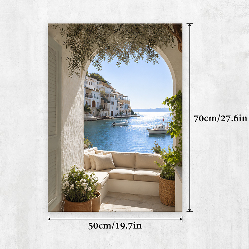 TEMU 2d Flat, 1pc Mediterranean Coastal Wooden Framed Canvas Poster - Vertical Greek Wall Suitable For Living Room, Balcony, Patio Decor, Wrap-around