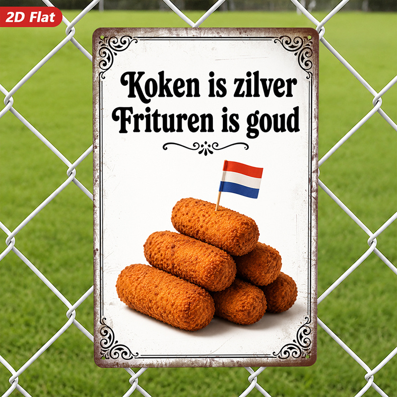 TEMU 2d Flat, 1pc Metal Sign Wall Art, Dutch- Decor, Stacked Design, Dutch Text "koken Is Silver Frituren Is Golden", For Kitchen, Dining Room, Safe