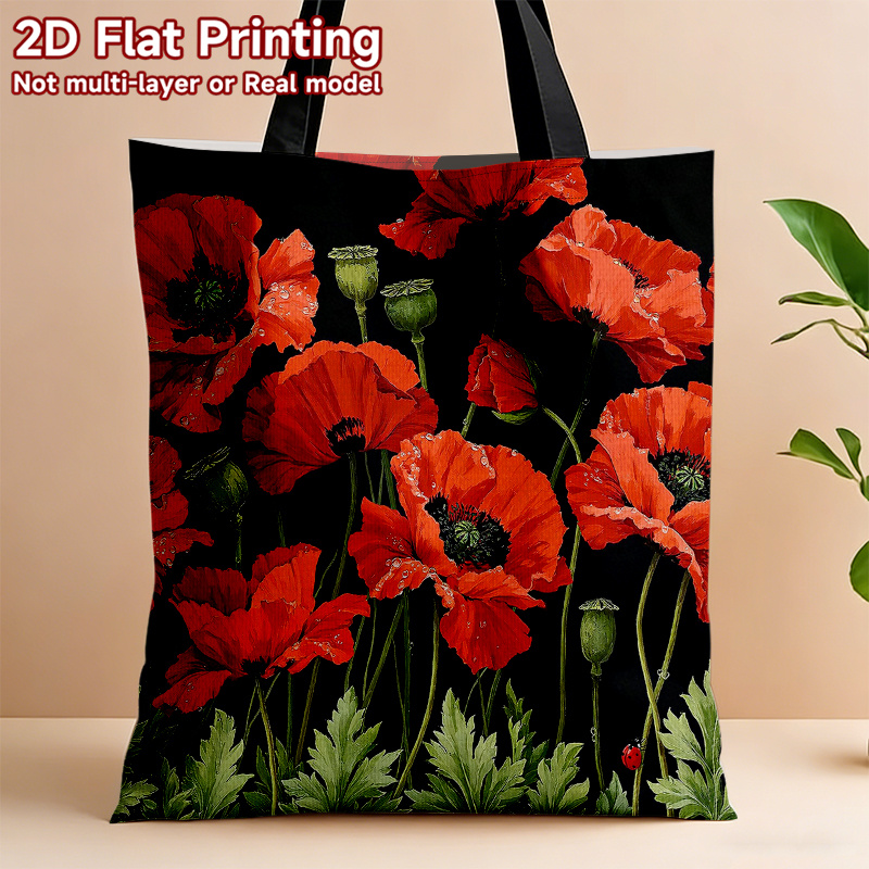 TEMU 1pc, Women's Handbags, 2d Flower Themed Tote Bag, Stylish And Beautiful, Large Capacity Shopping Bag, Red Flower Reusable Grocery Bags