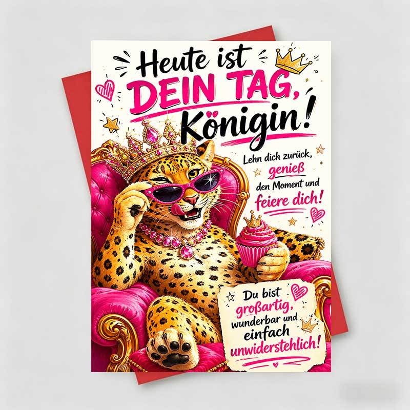 TEMU 1 Greeting Card + 1 Envelope Birthday Greeting Card, Leopard Wearing A Crown And Sunglasses Sitting On A Pink Chair "you Are Wonderful" Suitable