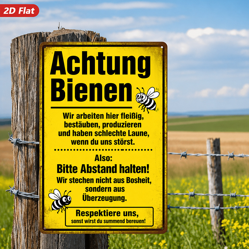 TEMU 2d Flat, 1pc Metal Sign Wall Art, Achtung Bienen German Sign Wall Art, Bee Motif, Vintage Style, Home Decor, Ideal For Kitchen, Office, Safe