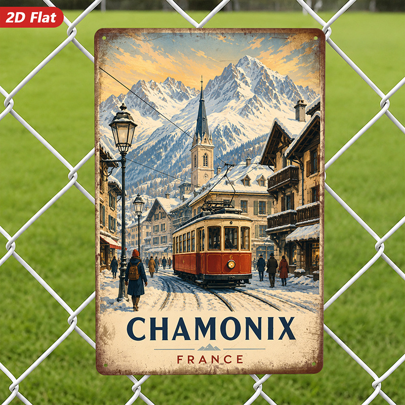 TEMU Art mural plat 2D, 1pc Plaque Métallique, Œuvre d' vintage France, Scène de montagne et de , Décoration intérieure, pour salon, bureau, arrondis