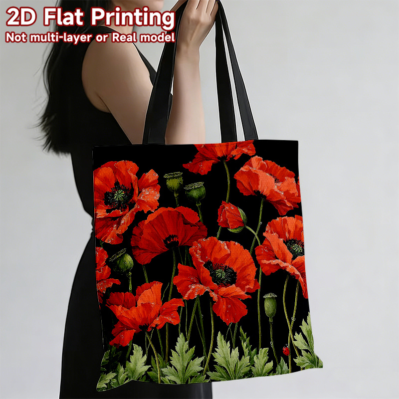 TEMU 2d Flat 1pc Red Flower Themed Tote Bag, Stylish And Beautiful, Large Capacity Shopping Bag, Red Flower Reusable Grocery Bags