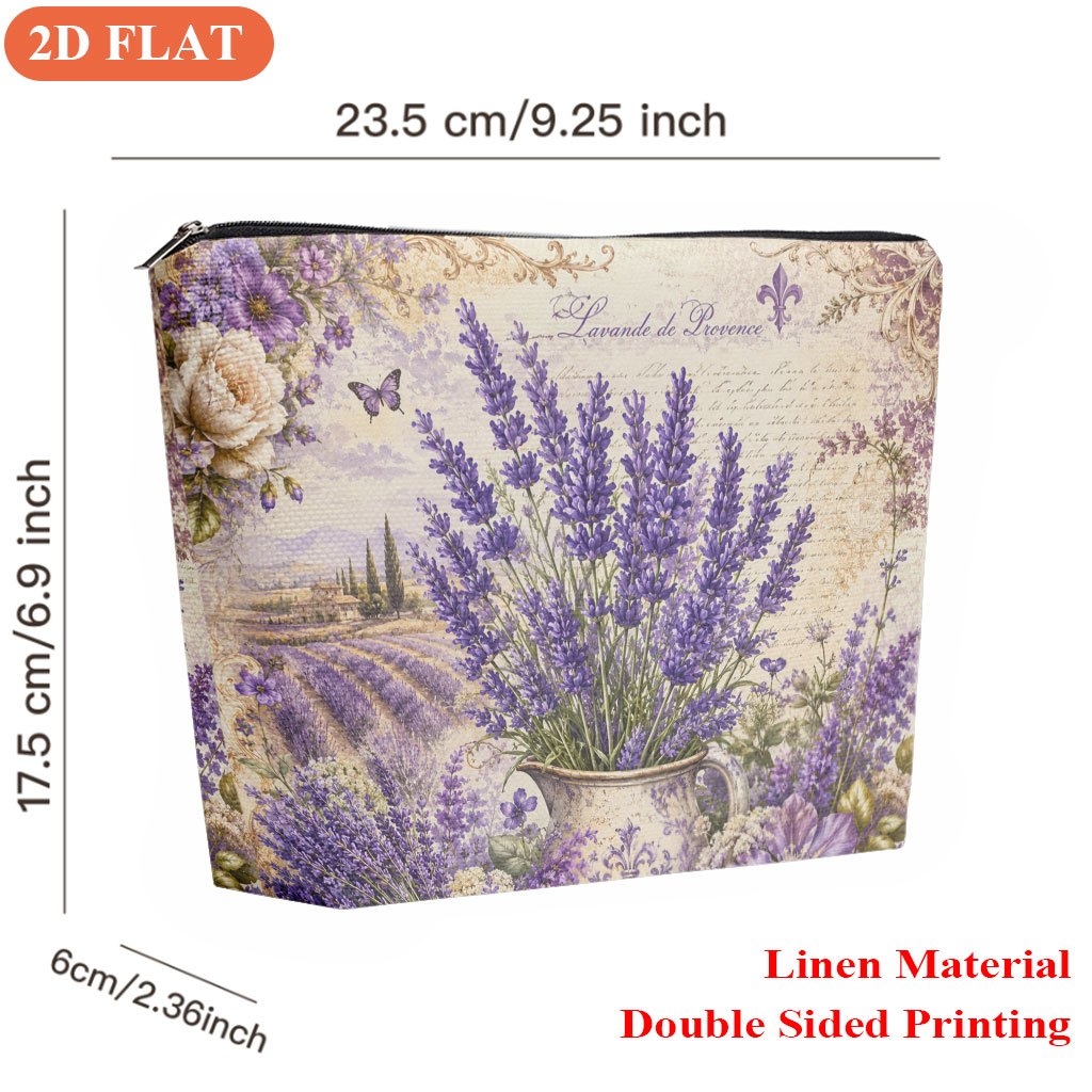 TEMU 2d Flat 1pc Double-sided Printed Cosmetic Bag, Lavender Of Provence, Linen Zippered Pouch, Large-capacity Foldable Portable Organizer Bag,