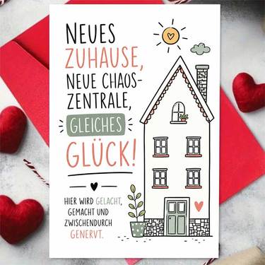 1 Tarjeta de Felicitación + 1 Sobre, Tarjeta de Inauguración de Casa Cálida y Encantadora, Ilustración de Casa Bonita con Texto "Nuevo Hogar, Nuevo Caos, Mismo Centro, Misma Felicidad", Adecuada para Amigos, Celebración de Inauguración de Casa, Estilo Minimalista Dibujado a Mano, Tarjeta de