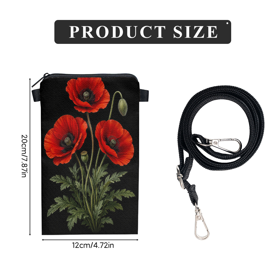 TEMU Phone Bag 1pc, Poppy Flowers On Black Double-sided Printing Linen Phone Pouch, Adjustable Strap Crossbody Bag, Everyday Use For Men And Women,