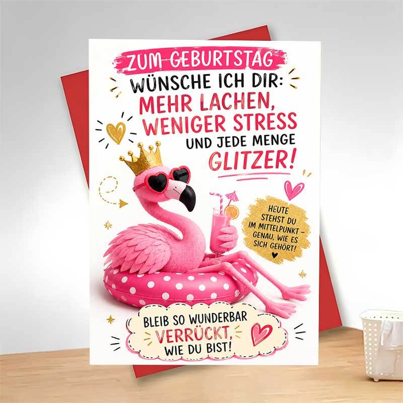 TEMU 1 Grußkarte + 1 Umschlag, fröhliche lebendige Geburtstagsgrußkarte, Flamingo mit Krone modischer Brille, hält einen -Drink mit dem Text „Mehr ,