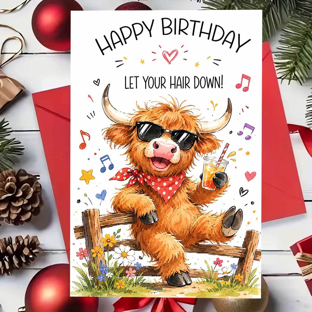 item picture 1set an envelope and a card vibrant highland cow birthday card happy birthday let   down   with sunglasses and drink perfect for   paper red or   creative greeting card