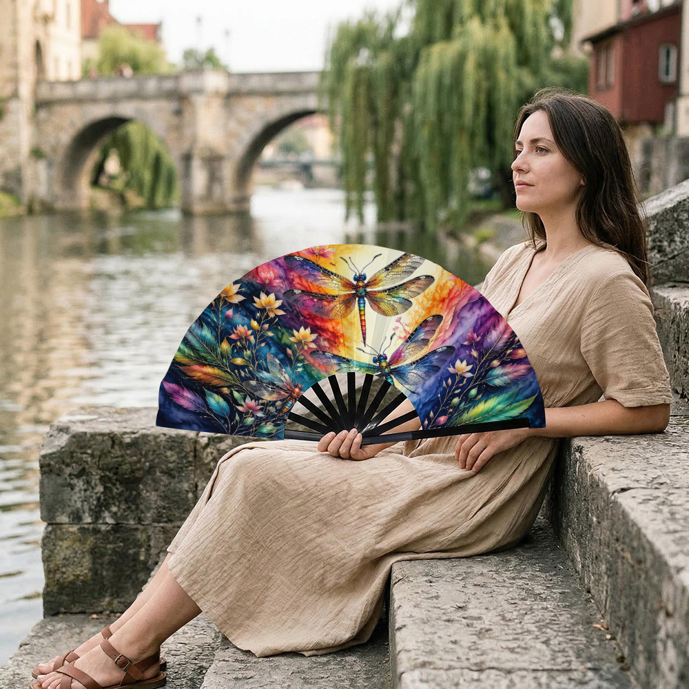 TEMU 1pc 1pcs Women's Bohemian Winged Dragonfly & Floral Print Portable Folding Fan - Portable Handheld Cooling Fan Suitable For Summer, Parties,