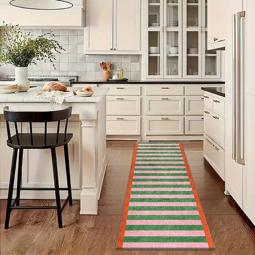 item picture 1pc of long runner rug european luxury long runner rug green and pink vertical stripes with orange border simple geometric style non slip machine washable wear resistant