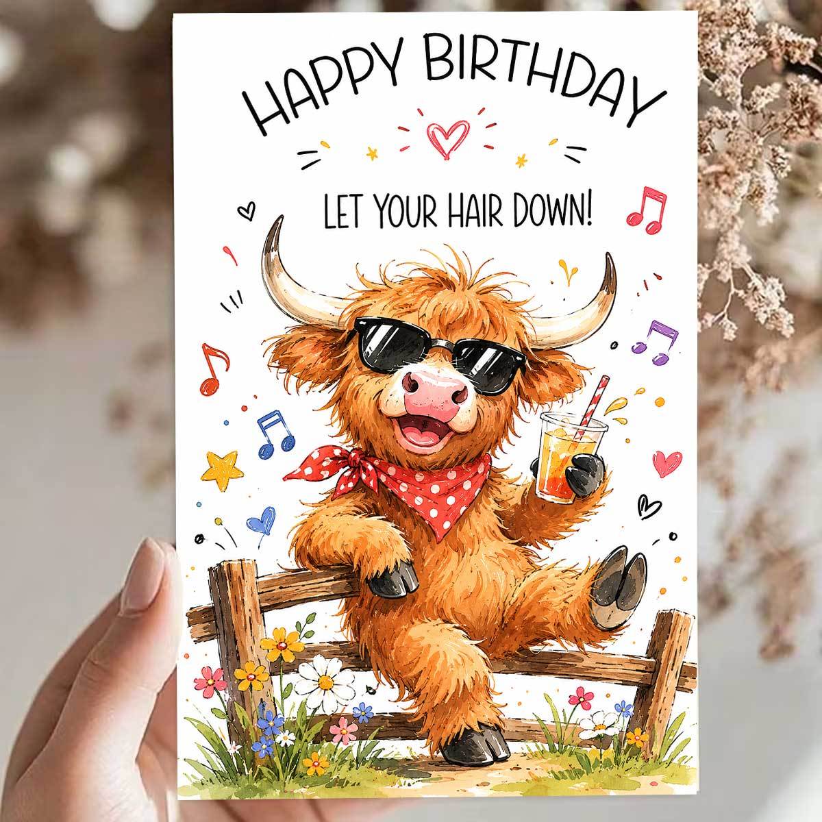 1set an envelope and a card vibrant highland cow birthday card happy birthday let   down   with sunglasses and drink perfect for   paper red or   creative greeting card