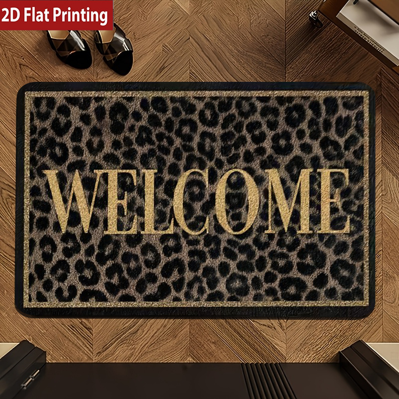 TEMU 1pc Welcome 2d Flat Printing Door Mat With Classic Leopard Print, Golden Lettering, 1cm Thick, Machine Washable, Suitable For Entrance, Hallway,