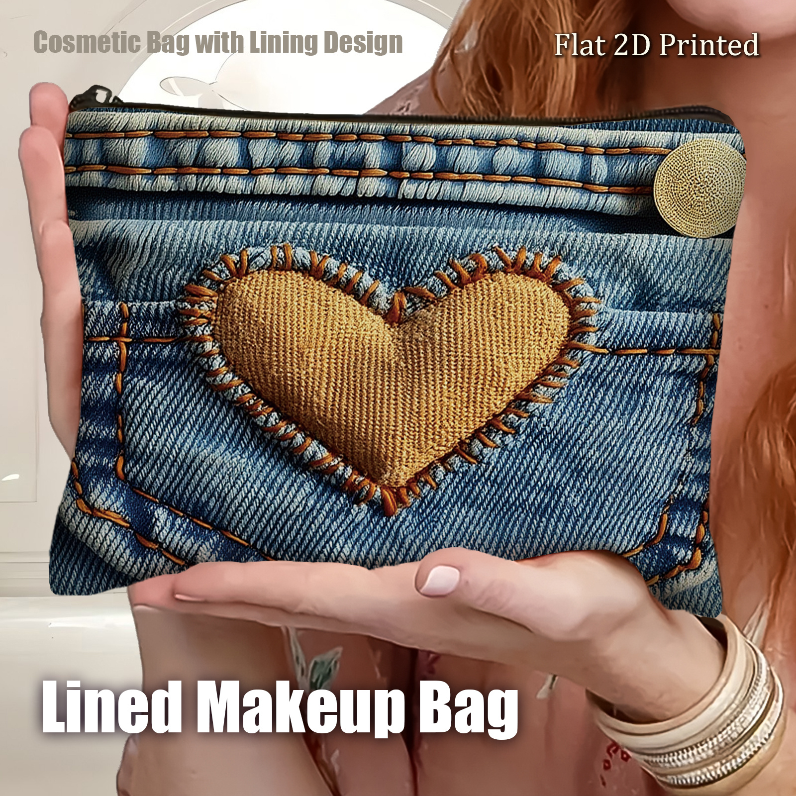 TEMU 1pc Flat 2d Printed Denim Heart Patch And "vintage Denim" Slogan Canvas Makeup Bag, Durable Anti-tear Makeup Organizer, Multi- Daily And Travel