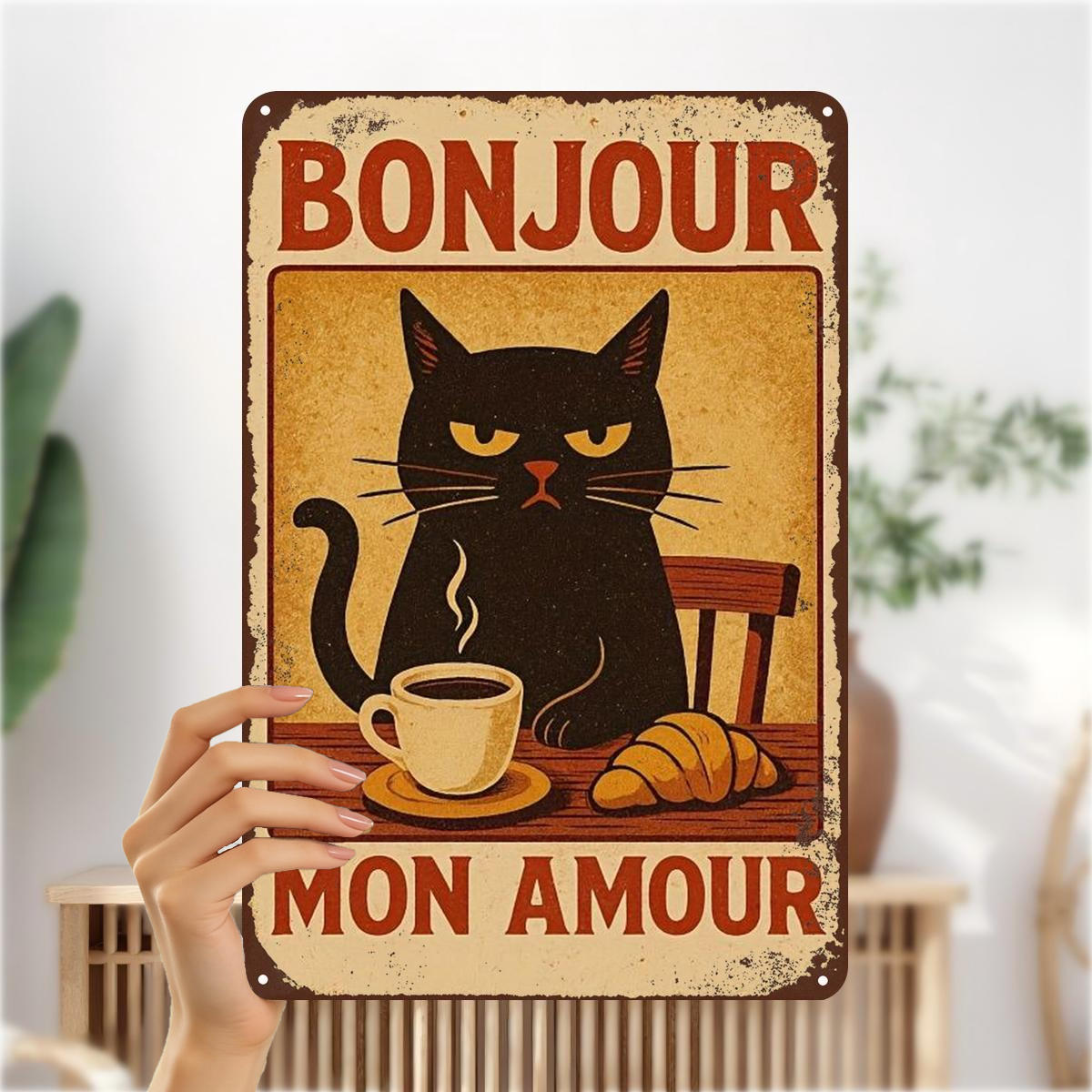 TEMU 2D Plat 1pc, " Mon - Vintage avec Café et Croissant Art Mural en Métal" 8×12 Pouces