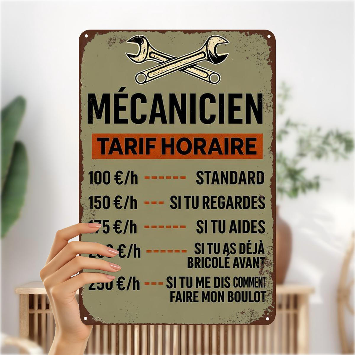TEMU 2D Plat 1pc, "Panneau d'Art en Fer de Mécanicien - Décor de Atelier Amusant avec Tarifs en Français" 8×12 Pouces