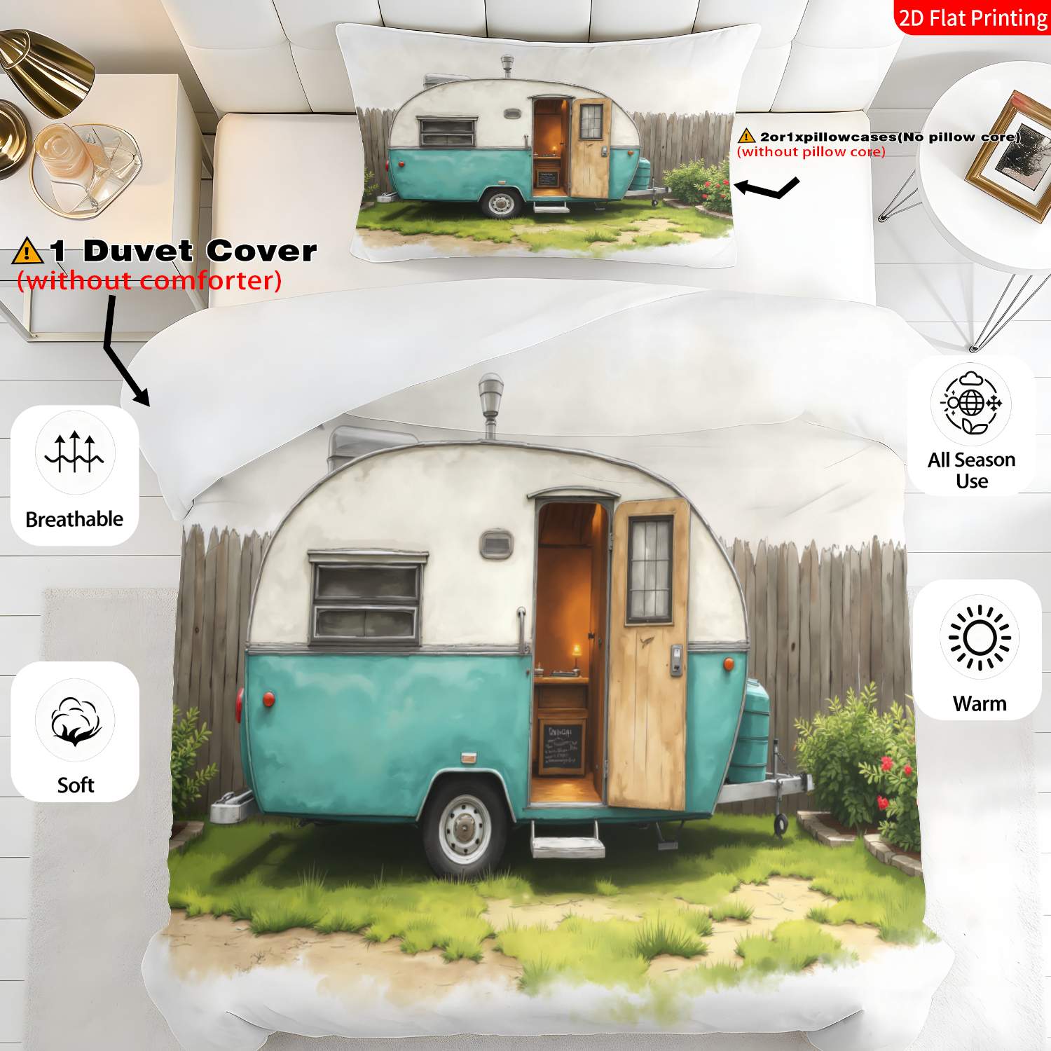 TEMU 2/3pcs 2d Flat Printing Vintage Retro Theme Quilt Cover Bedding Teal White Green Watercolor Camping Trailer Print Suitable For Occasions(1 Duvet