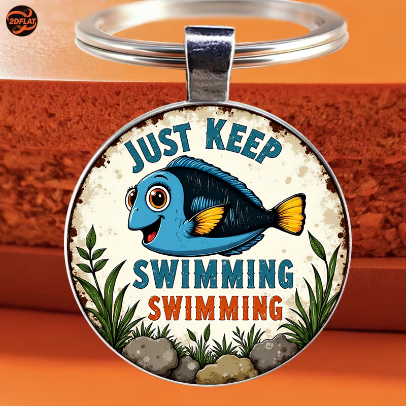 TEMU 1pc Round Keychain, Underwater Adventure, Blue & "just Keep Swimming" Motto, Swimming Enthusiasts, Ideal For Bedroom Or Pool Decor, Popular