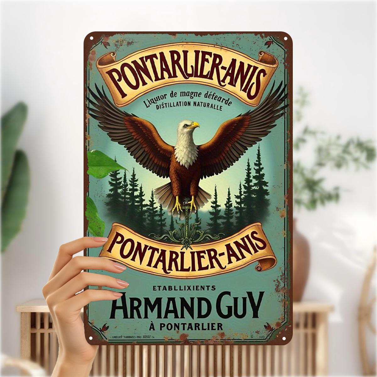 TEMU Panneau d'art en métal 2D plat 1pc, style vintage - "Pontarlier-Anis" avec aigle et motif de forêt, décoration artisanale ou 8×12 pouces