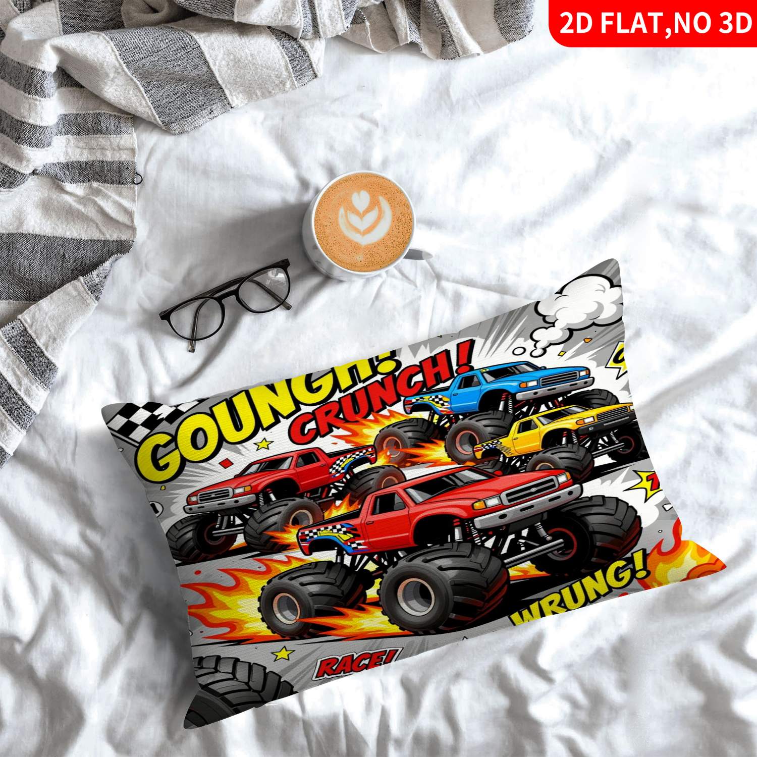 TEMU 1pc Pillowcase (pillow Inserts Not Included) 2d Flat Print Monster Truck Theme Red Blue Car Pattern With Flames Checkered Flag Ideal For Home