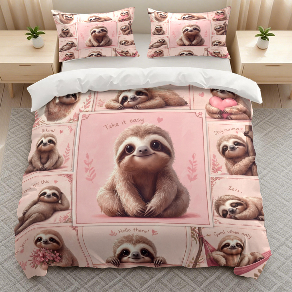 TEMU 3pcs Sloth Quotes Themed Bedding Quilt Cover Duvet Cover, Trendy Breathable Soft Bedding (1 X Duvet Cover And 2 X Pillowcases) With Zipper