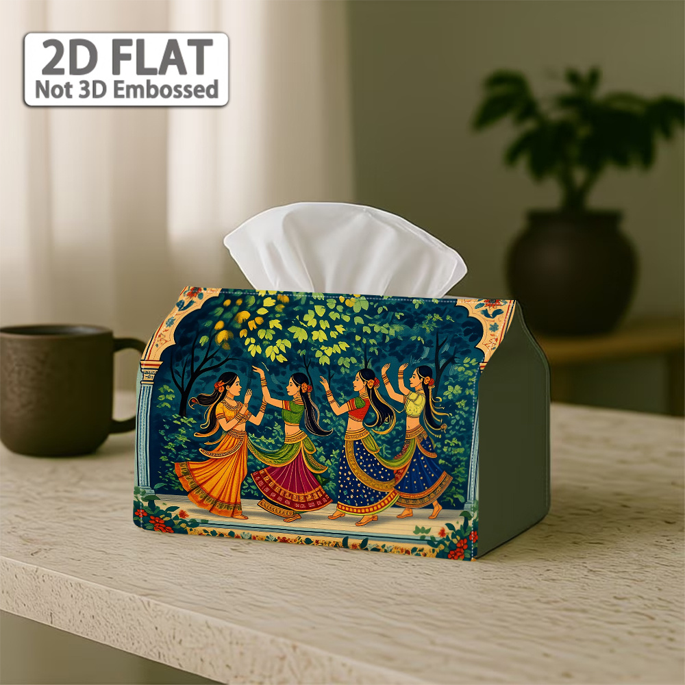 TEMU 1pc 2d Flat Printing, Tissue Box, Ethnic Folk Traditional Tissue Box - Dancer Figure Border Polyester Napkin Holder For Home, Kitchen, And Car