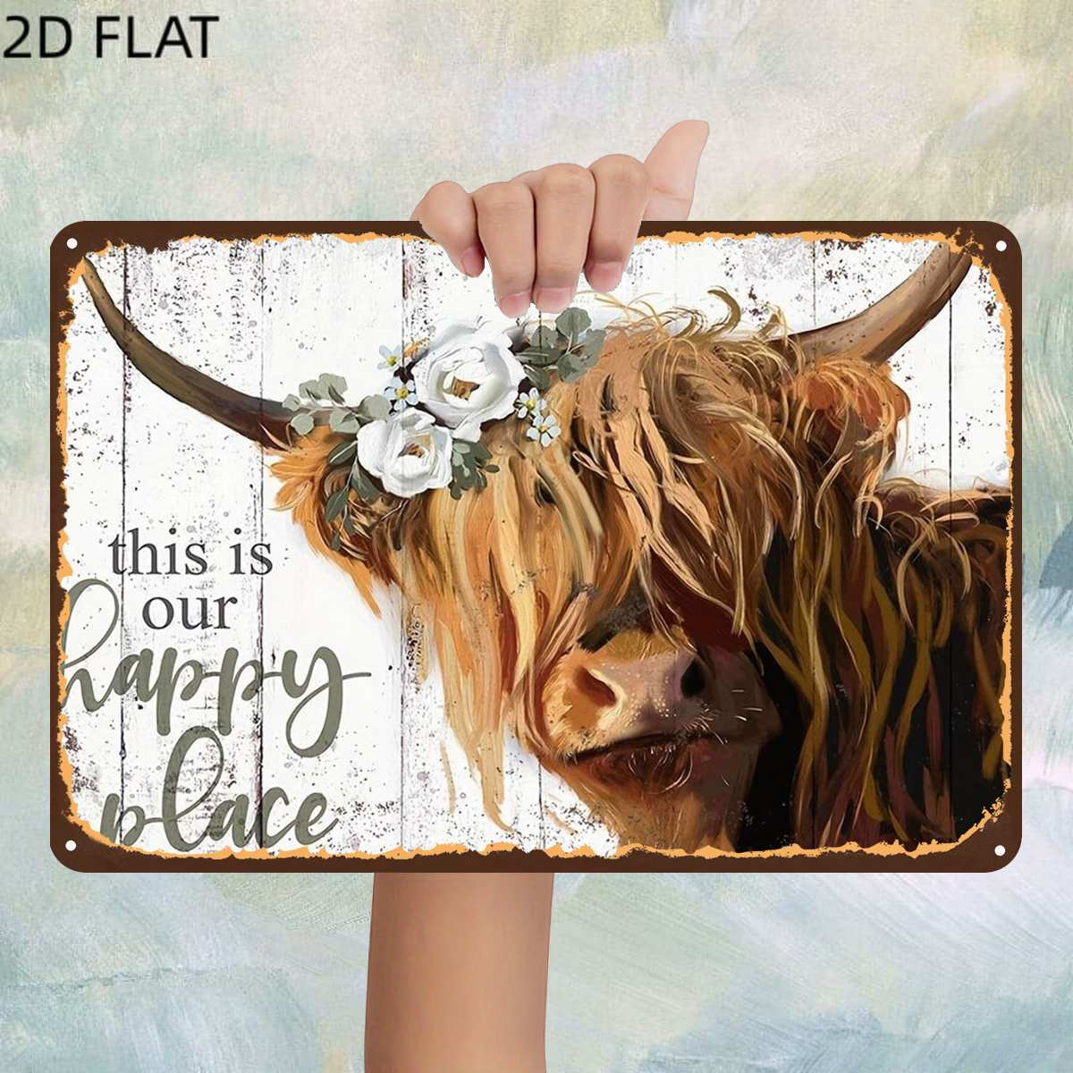 TEMU 2d Flat, 1pc, Retro This Is Our Happy : A Highland Cow With Flowers Metal Iron Sign, Pre-drilled Holes, Suitable For Indoor, Garden, Outdoor,