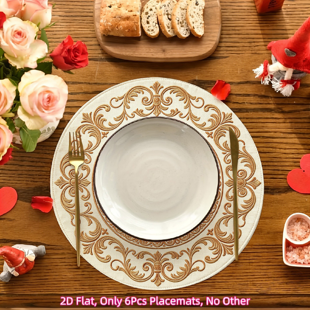 6pcs elegant round placemats suitable for home decor vintage golden non slip table with elegant style slogan washable polyester table protectors suitable for   banquet party table decoration fits 15 inch plates 2d flat