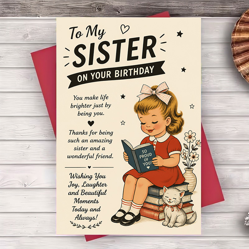 TEMU 1 Greeting Card + 1 Envelope Vintage Style Birthday Greeting Card For Sister Message For Best Friend Celebration Gift For Her