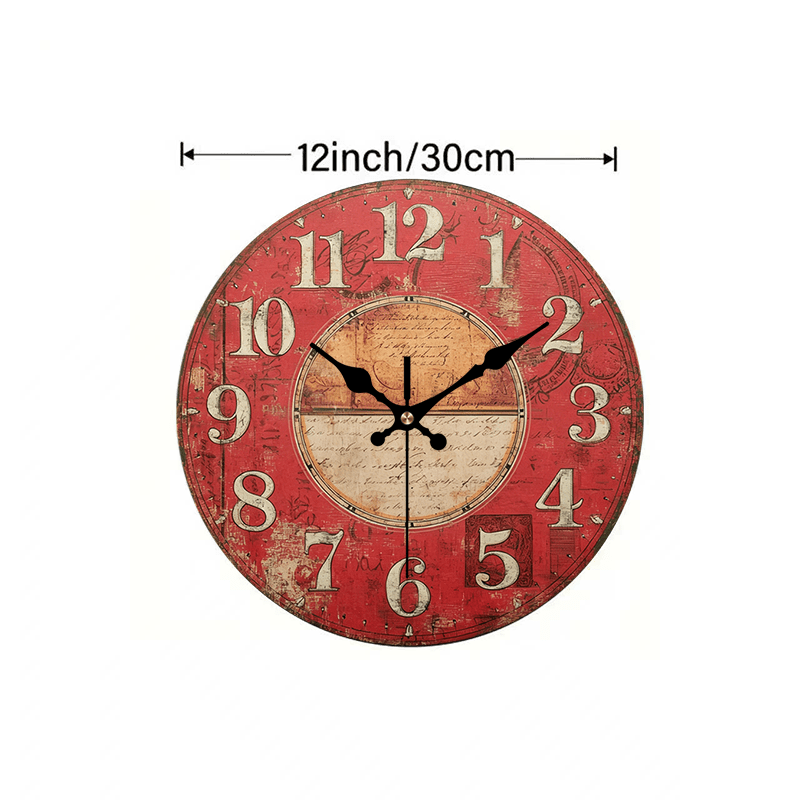 TEMU 2d Flat. 1pc, Vintage Red Wooden Wall Clock, Easy Decorative Painting, Silent Round Clock For Living Room Bedroom Wall Art, Perfect Decor For