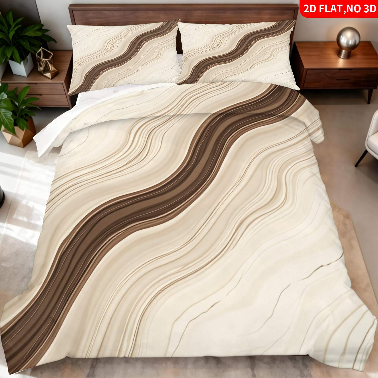 TEMU 2/3pcs 2d Flat Printing Modern Abstract Marble Quilt Cover Bedding Beige Brown Wavy Pattern Text Suitable For Multiple Sizes 4 Lining Colors Are