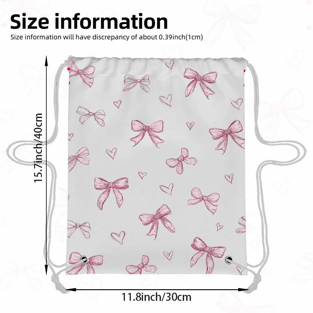 TEMU 1pc 2d Flat Valentine's Pink Bows And Hearts Printed Drawstring Bag, Durable Soft Shell Backpack With Cinch Closure, Versatile For Gym, Travel,