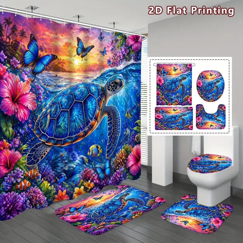TEMU 2d Flat, 2d Flat, 2d Flat 4pcs Turtle Shower Curtain Set, Turtle Pink Floral Sunset Ocean Bathroom Decor, Additions With, U-shaped, Toilet Lid