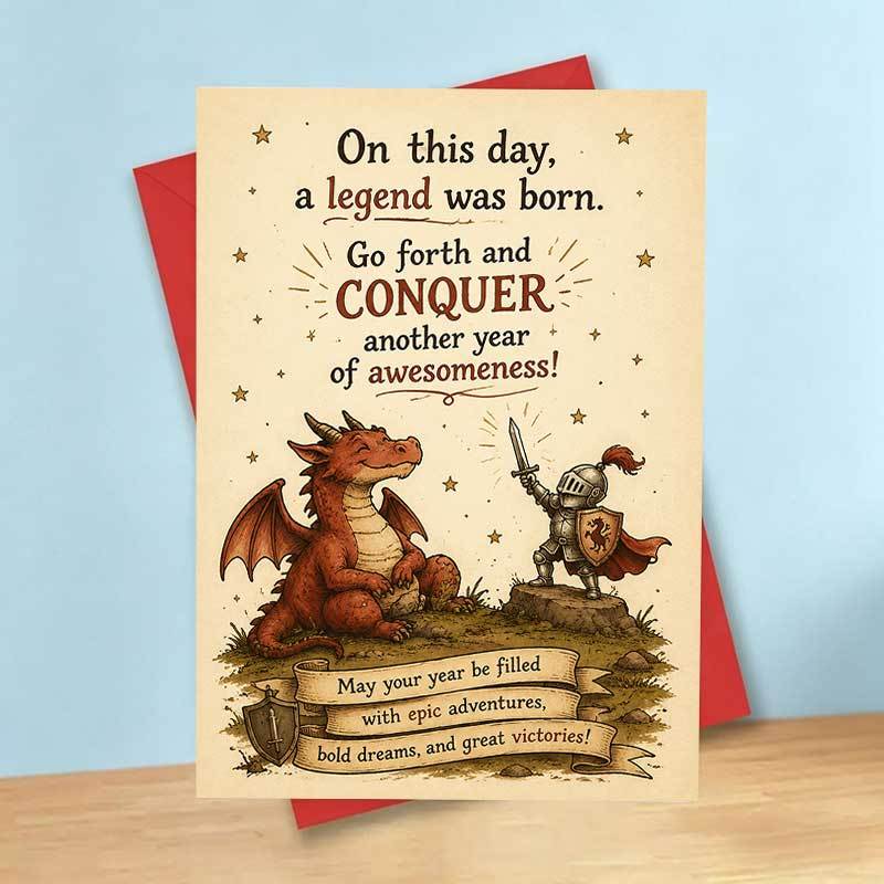 TEMU 1 Greeting Card + 1 Envelope. 2d Flat Fantasy Birthday Card, Dragon And Knight Theme, ", A ," A Story Card Adventurous Style For Men And Fantasy
