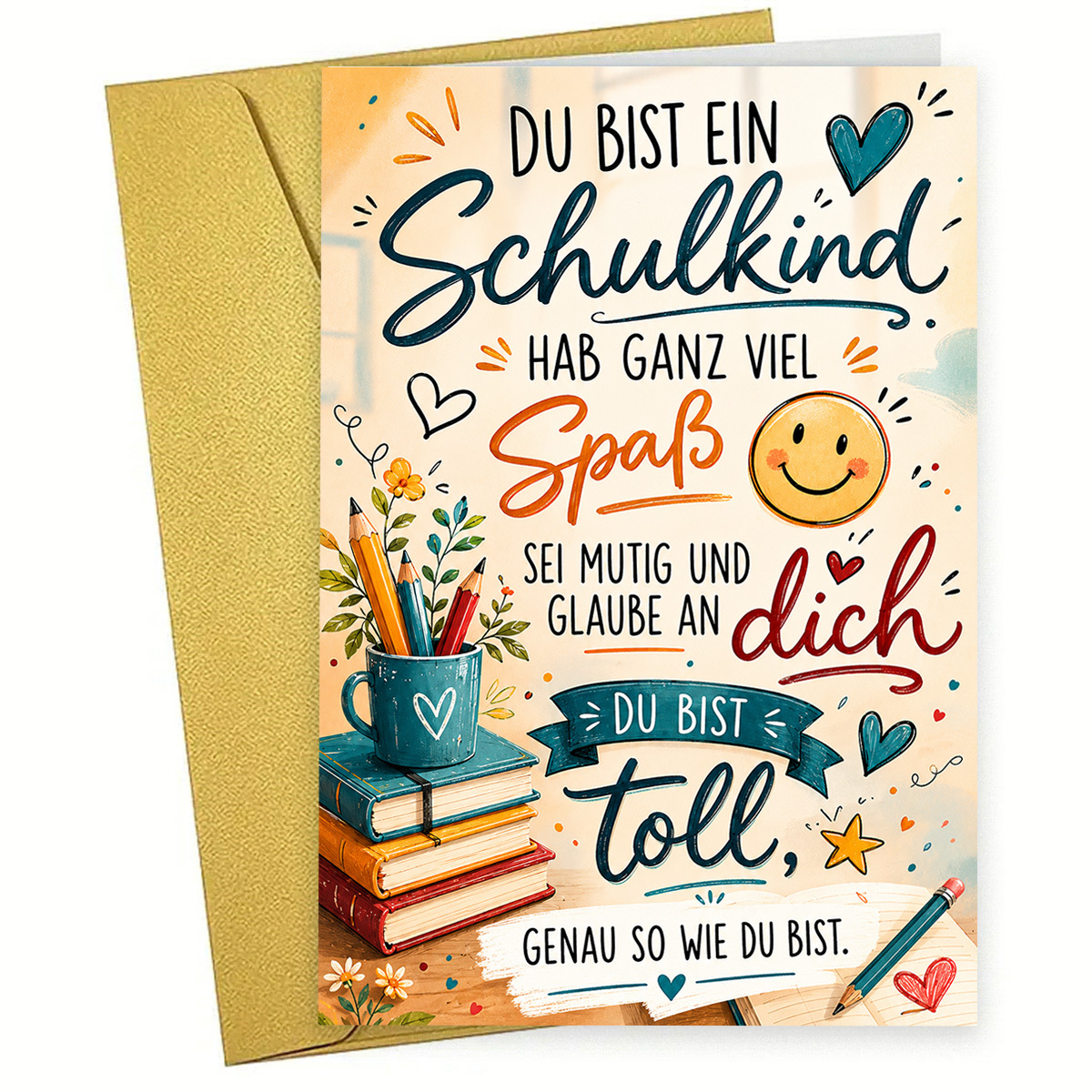 Image of 1pc Encouraging Greeting Card, Du Bist Ein Schulkind, Featuring Pencils, Books And Face, Suitable For Students, Modern School Day Greeting Card (12cm/4.7inx17cm/6.7in)