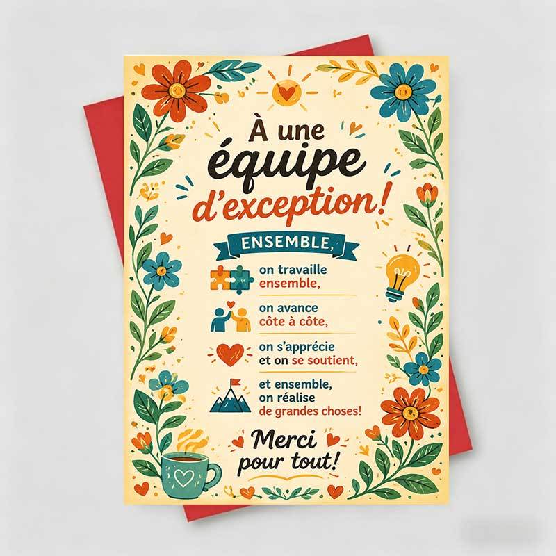 TEMU 1 Carte de vœux + 1 Enveloppe - Carte de remerciement , motif floral de travail d'équipe « Équipe exceptionnelle ensemble », convient pour