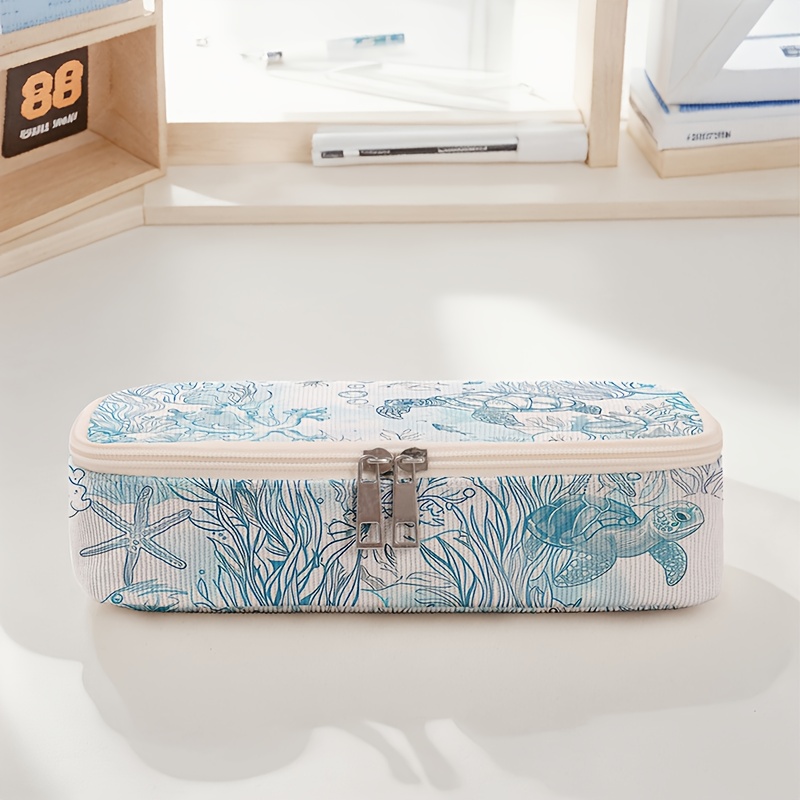 TEMU 1pc Ravidino Large Corduroy Pencil Case Suitable For Students & Office, Marine-themed Starfish & Sea Turtle Print, Vertical Striped Dual-zipper