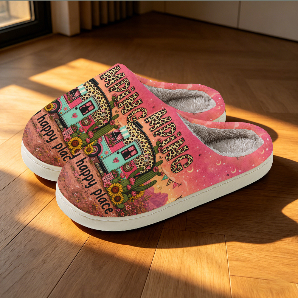 TEMU Camping-themed "camping Is " Printed Women's Fashionable And Simple Slippers, Unisex, An Essential Gift , The Top For Holiday Gifting, Couple's