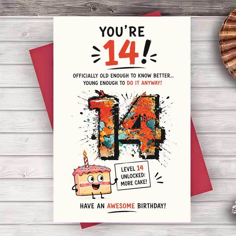 TEMU 1 Envelope And 1 Greeting Card Funny 14th Birthday Greeting Card For Teenagers Level 14 Unlocked Birthday Party Supplies For Flat Paper Card For