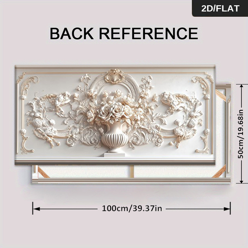 TEMU 2d Flat, 1pc Framed Floral Canvas - Ornate White Plaster Roses Relief Panel, Suitable For Living Room, / Framed Painting With Plaster Frame, For