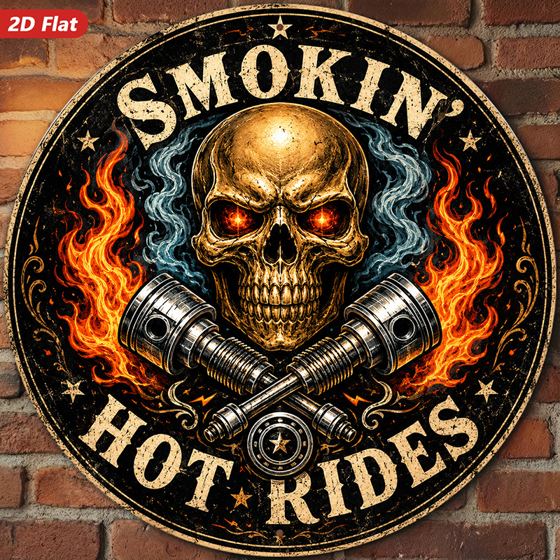 TEMU 2d Flat, 1pc Round Metal Sign Wall Art, & Engine Art, Flame , Rock - N - Roll Style, Home Decor, For Man Caves, Garages, Bachelor Pads,