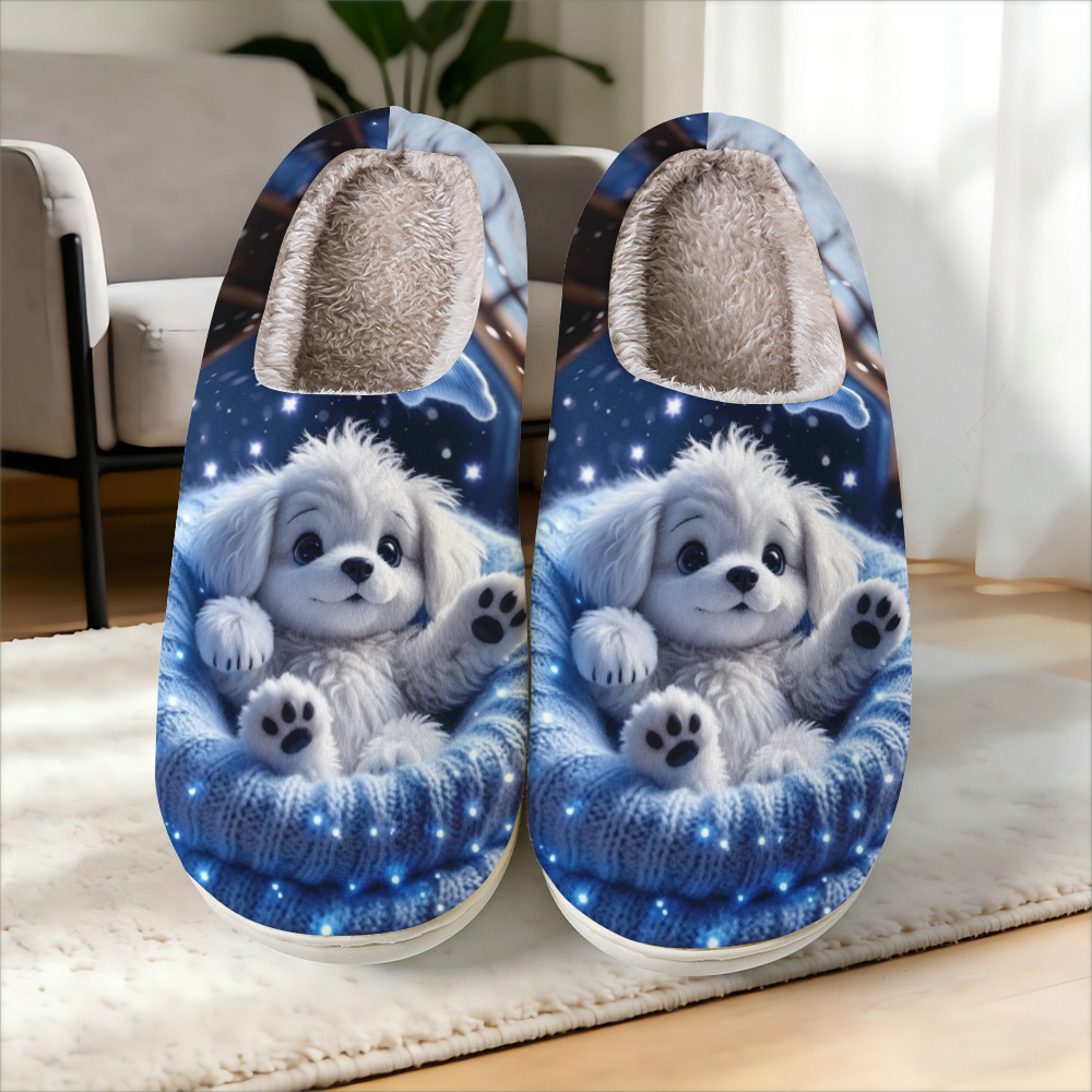 TEMU [printed Design-not Textured]- Shimmering Snow Blue Soft Cute Puppy Print Women's Fashion Home Slippers, Elegant Easy Comfortable Skin-friendly
