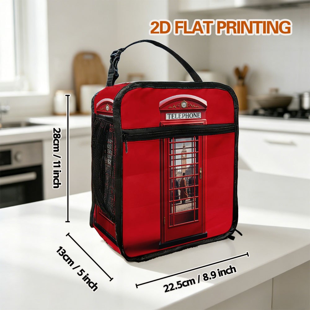 TEMU 1pc British Red Telephone Booth Print Insulated Lunch Bag Suitable For Home, Office, Travel, - Reusable Thermal Tote With Zipper Closure, Oxford