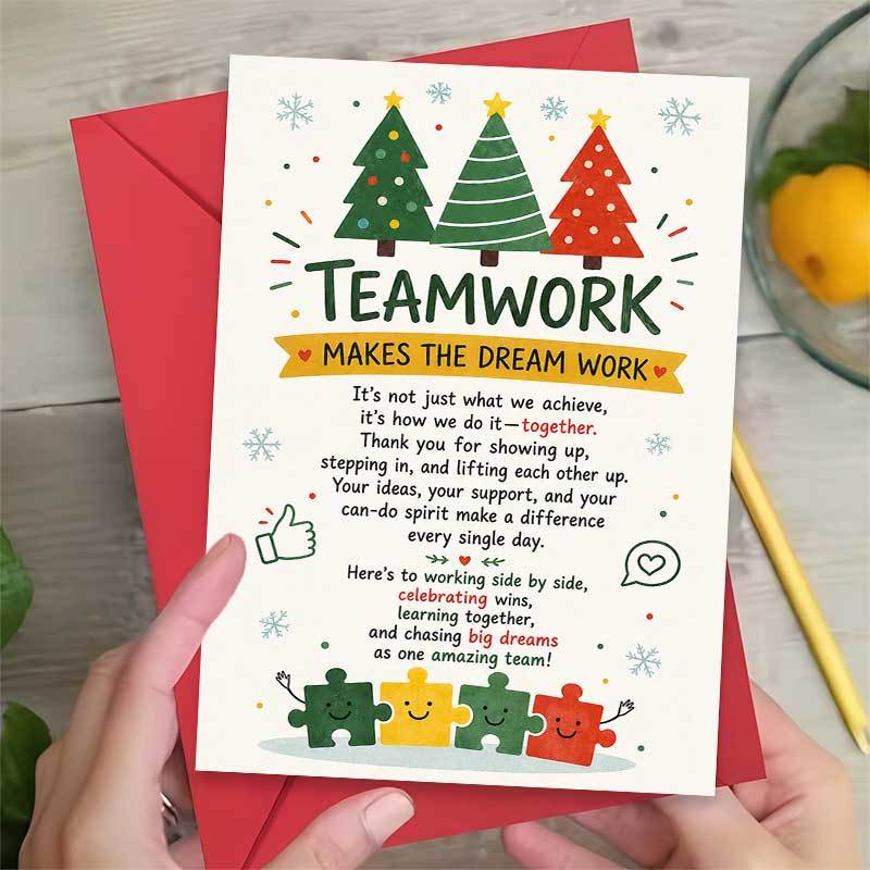 TEMU 1 carte de Noël , arbre coloré et motif de pièces de puzzle "L'équipe fait ", convient aux collègues, style et facile, avec enveloppe