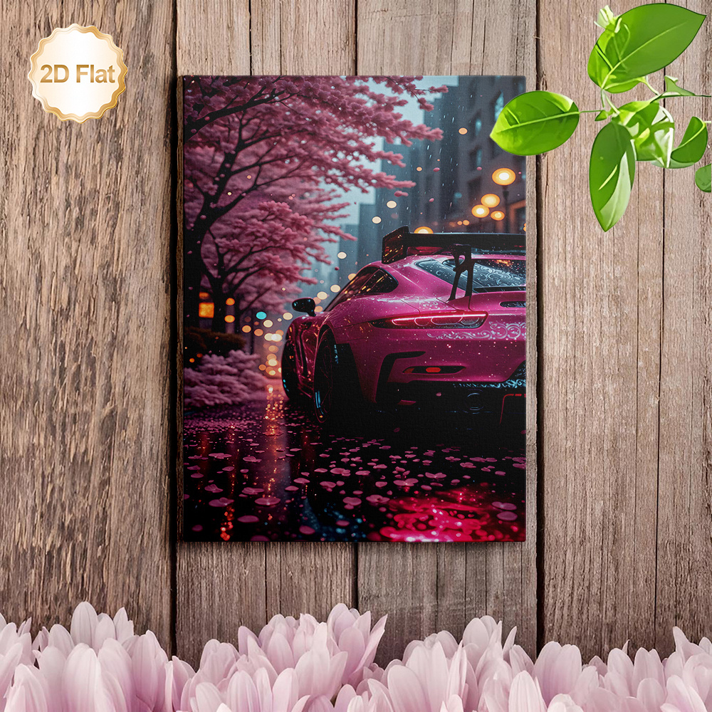 TEMU 2d Flat, 1pc Minimalist Cherry Rain Street Framed Canvas Wall Art Poster - Pink Sports Car Suitable For,, Horizontal Hook-, Hd Spray Print, Gift