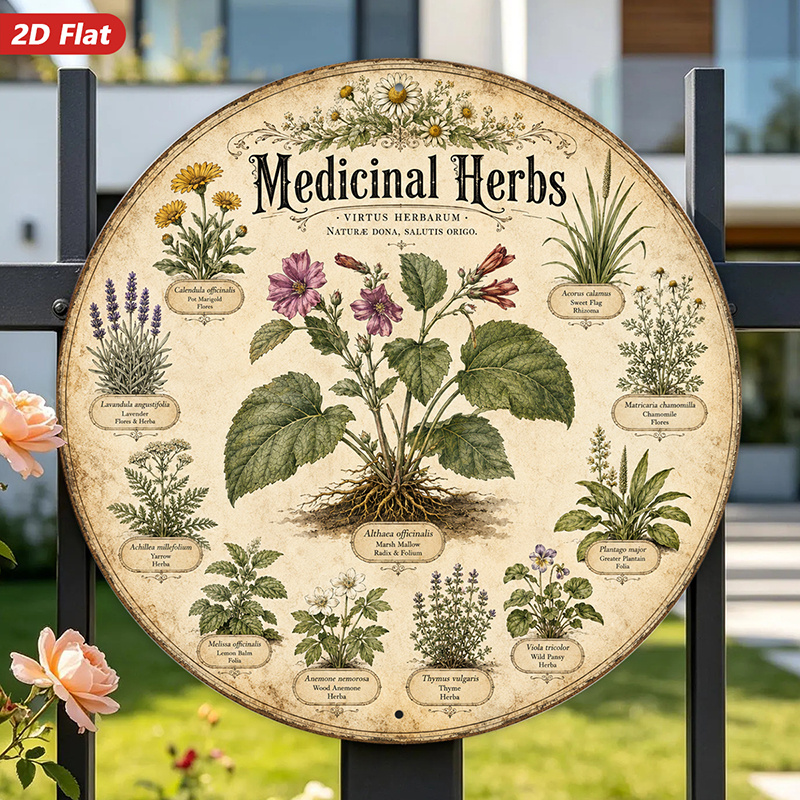 TEMU 2d Flat, 1pc Round Metal Sign Wall Art, Vintage - Style Medicinal Herbs Decorative Art, , Rustic Design, Home Decor, For Living Room, Study,