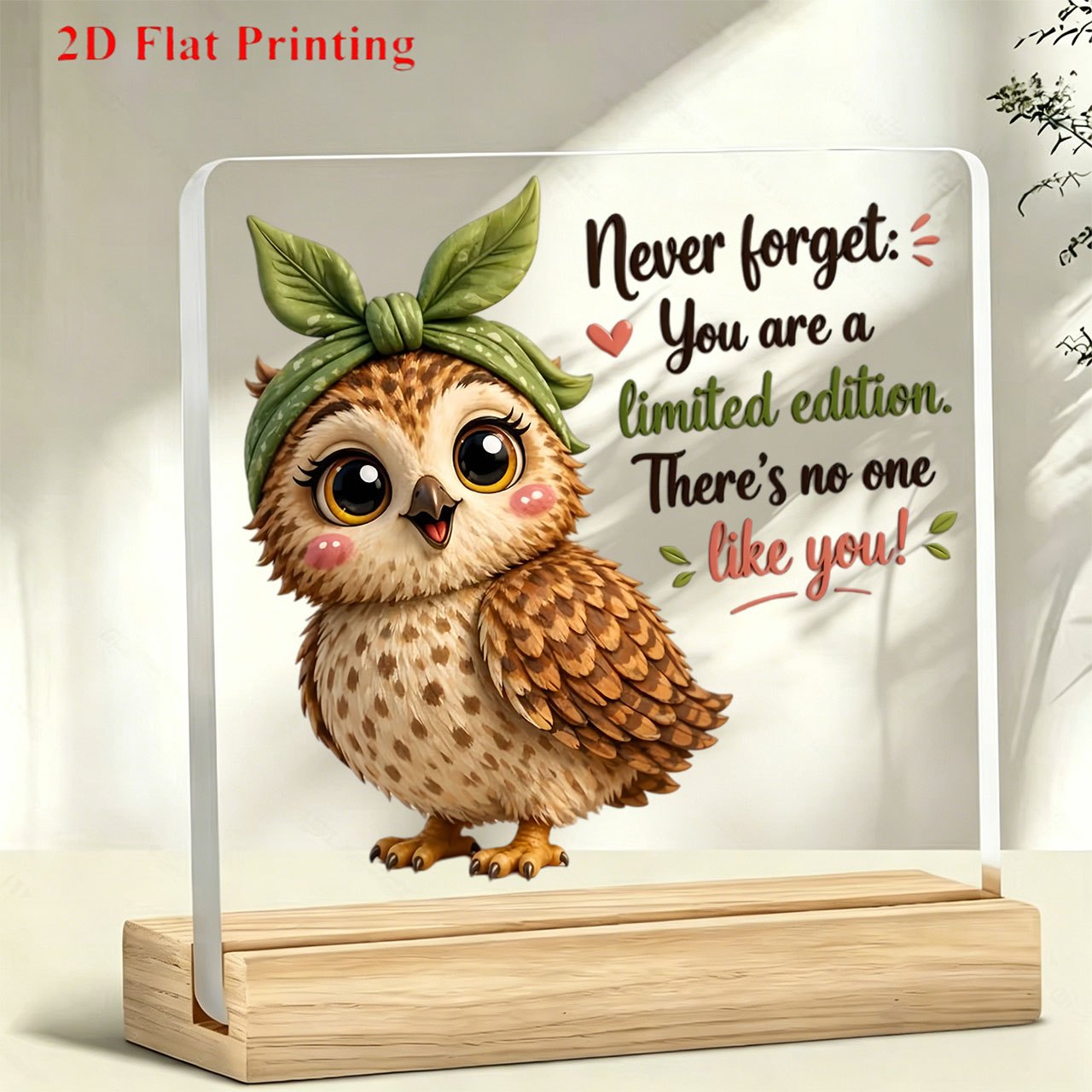 TEMU 2d Flat Acrylic Desktop Decoration Card | Rounded Square With Wooden Base | Cartoon Owl With Headscarf Print | English Quote Atmosphere Ornament