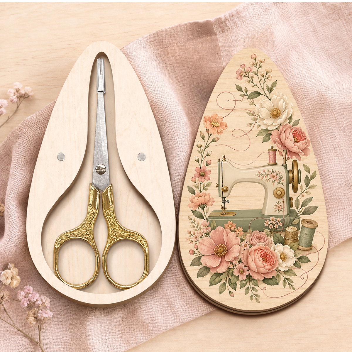 TEMU Ciseaux de couture premium avec boîte de rangement décorative en bois, ciseaux d' dorés pour broderie, point de croix, artisanat, découpe de