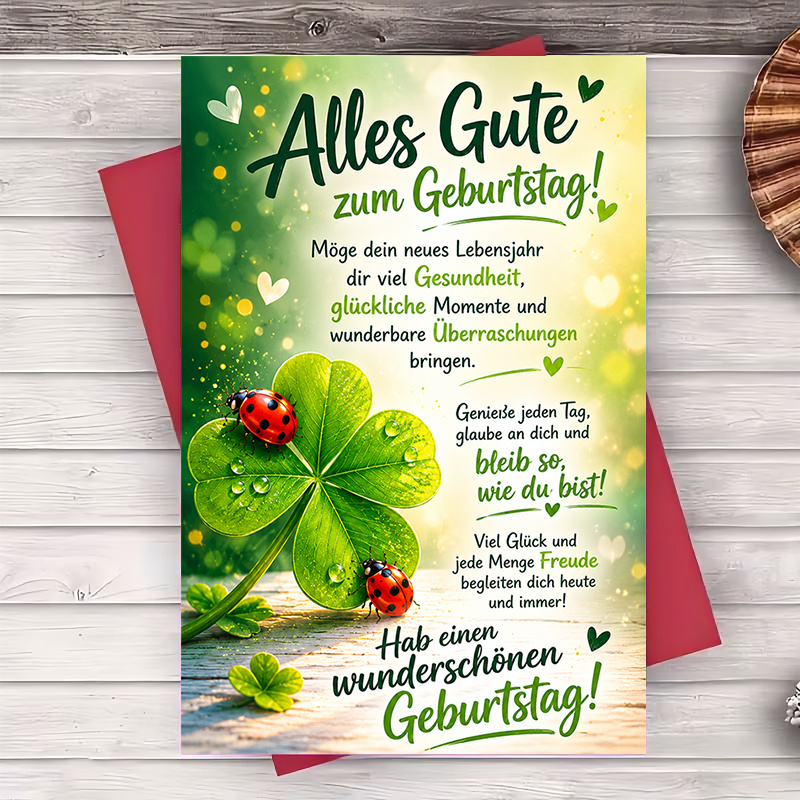 1 Envelope And 1 Funny Greeting Card German Birthday Greeting Card With Clover And Ladybugs For And