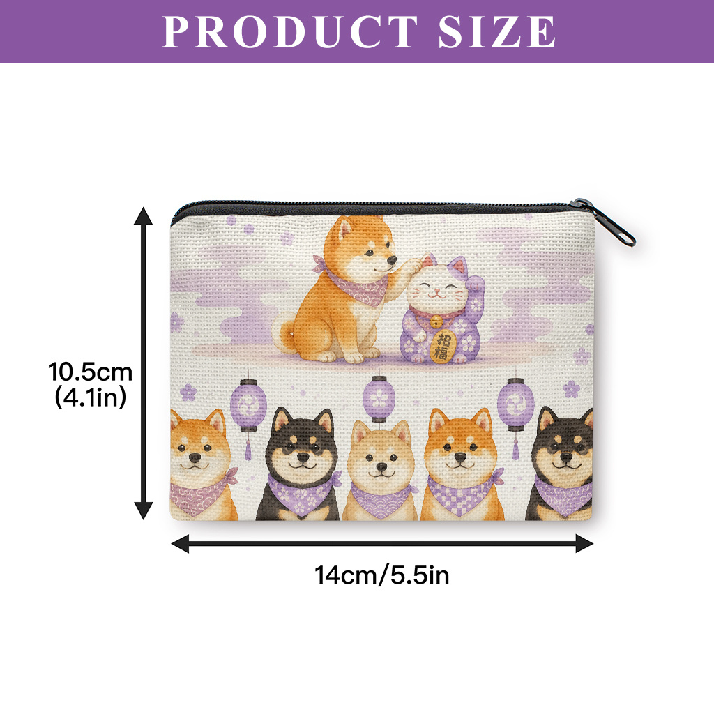 TEMU 愛らしい柴犬と招き猫のコイン入れ財布 二重ファスナー式 洗濯機洗い対応 布製ポーチ 口紅/イヤホン付き 丈夫な旅行・普段使い用ギフト